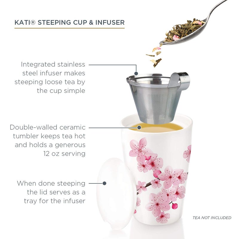 Tea Forte Double-Walled Ceramic Kati Cup, Removable Stainless Steel Infuser Basket and Lid, Steeps 12 oz Loose Leaf Tea, Dishwasher & Microwave Safe, Hanami - Image 2